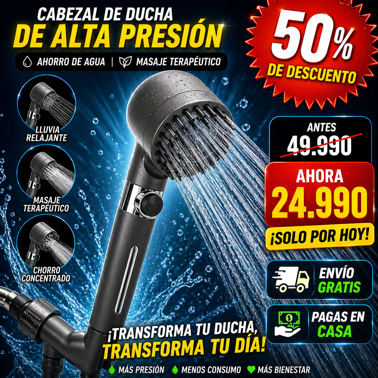 AquaForce Pro™ — Ducha de Alta Presión 3 Modos | Ahorro de Agua | Masaje Terapéutico