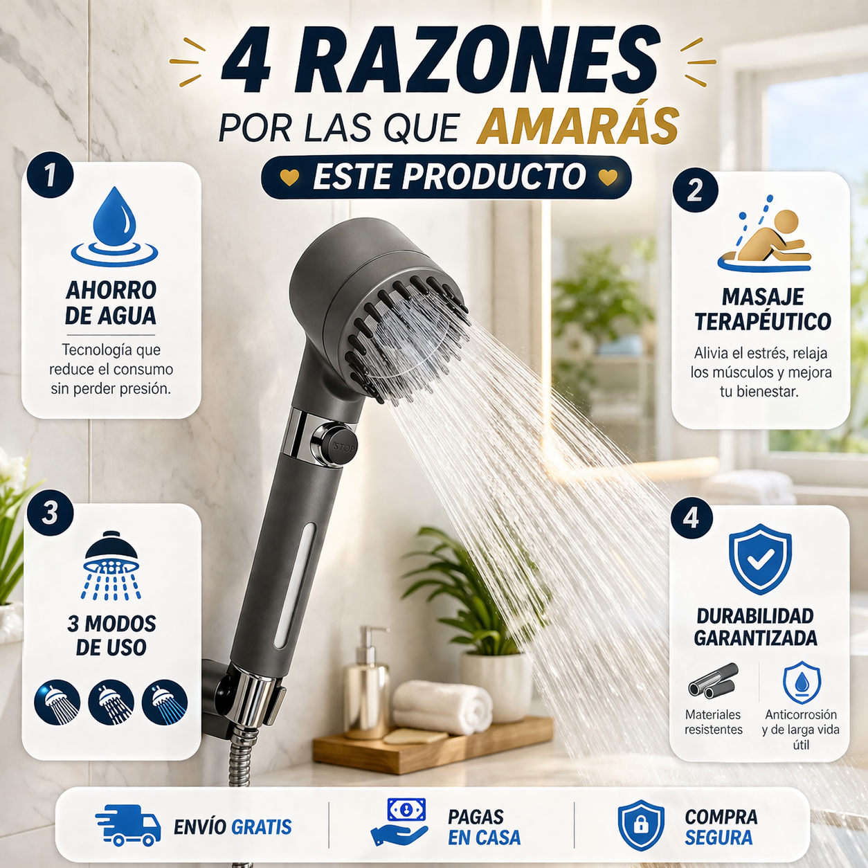 AquaForce Pro™ — Ducha de Alta Presión 3 Modos | Ahorro de Agua | Masaje Terapéutico